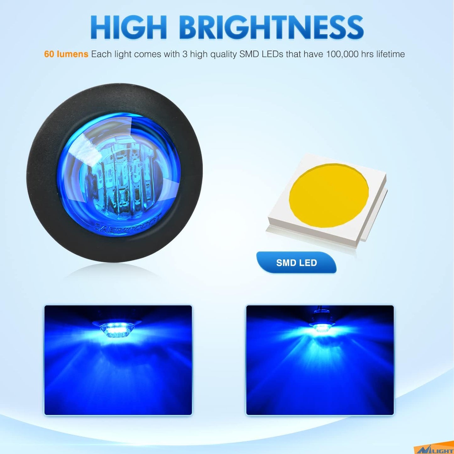 3/4" round LED Clearance Marker Lights,Blue, 10-Pack