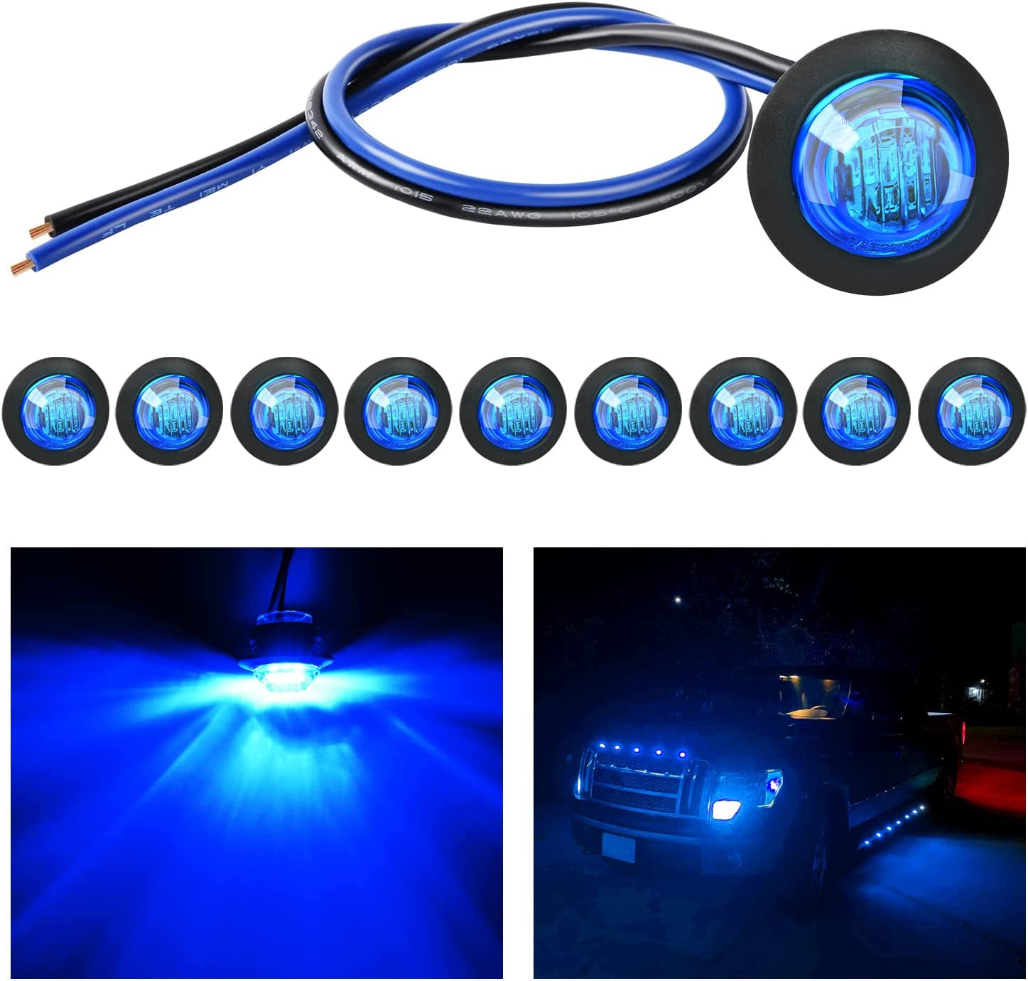 3/4" round LED Clearance Marker Lights,Blue, 10-Pack