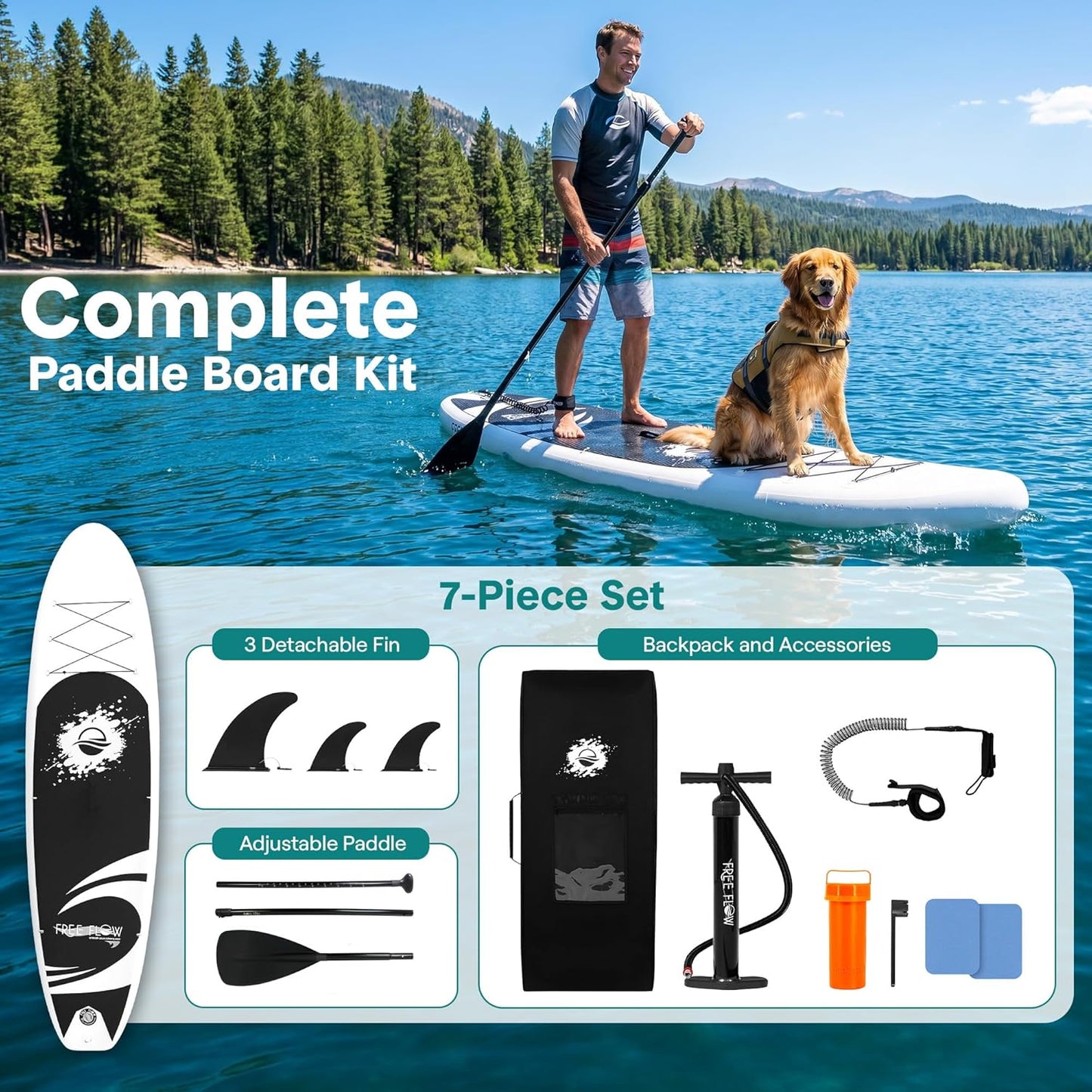 10’6” Inflatable Stand up Paddle Board with Premium SUP Accessories - 32” Wide Stable Design with Non-Slip EVA Deck Pad, for Youth and Adults, 350 Lbs. Capacity