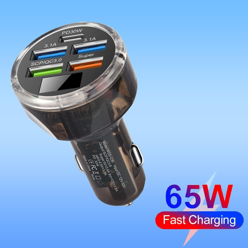 5 Multi Port 65W USB C Car Phone Charger Adapter