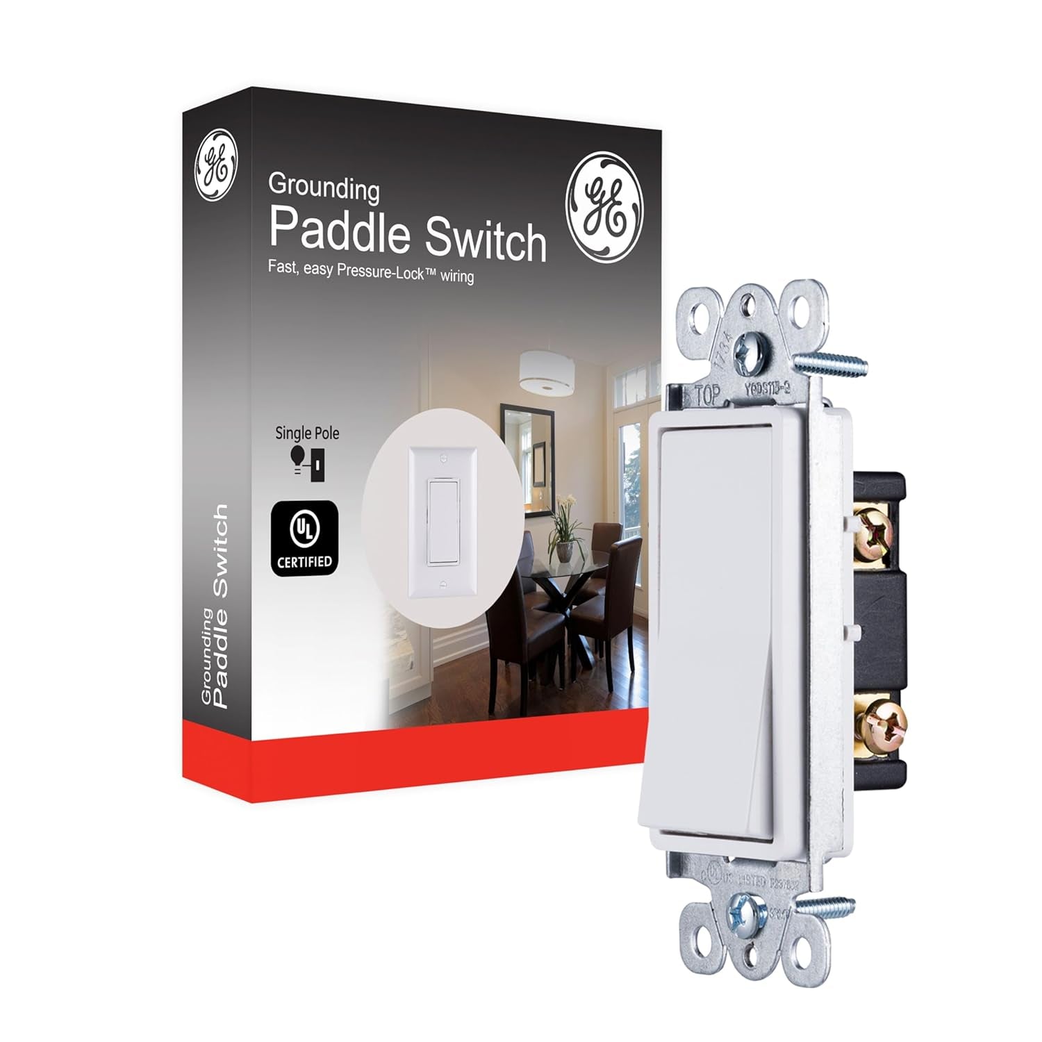 GE In-Wall Switch, Single Pole, Paddle Rocker, White, 1 Pack
